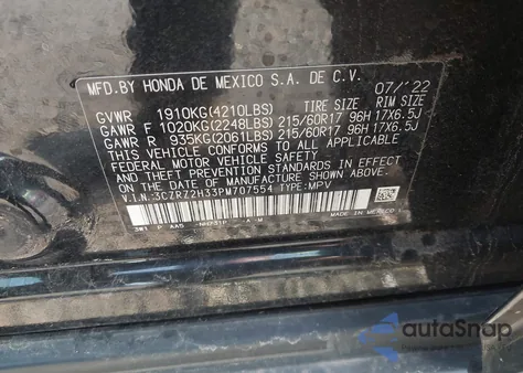 2023 Honda Hr-V Awd Lx from USA, damaged, VIN 3CZRZ2H33PM707554
